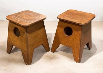 Pair Vintage Wooden Plant Stands / Stool Tables With Cutout Handles ~  19'H ~