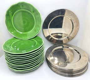 2 Sets Of Chargers: 12 Le Cadeaux Green Melamine & 12 Silver