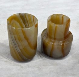 Vintage Banded Onyx Stone Covered Desk Accessory ~  3 1/2'H ~