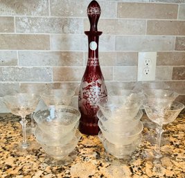 Vintage CZECHOSLOVAK Cranberry Decanter, Etched Stemware And More