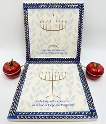 2 Rosh Hashana Quest Collection Mini Enamel Apple Honey Dishes & 2 Chanukah Trivets, Ready To Hang