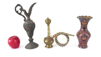 Pakistani Brass Hookah Pipe, Moroccan Pottery Vase And Turkish Brass Ewer Lamp Base