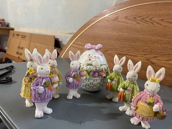 Egg Candy Dish & 7 Knitted Resin Bunnies