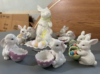 Large White Ceramic Bunny,  Bunny Candy Dish, 4 Tealight Bunnies And 4 Small Bunnies