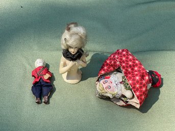 Lot Of 3 Antique Dolls - Chalkware Boudoir Doll Bust, Topsy Turvy Doll, And Canadian Mounty