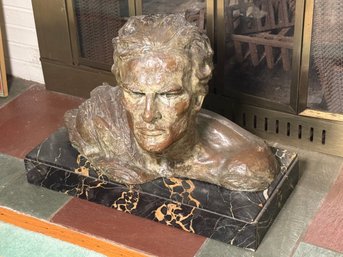 Signed Alexandre Ouline, Jean Mermoz,  Art Deco Bronze Statue On A Marble Base