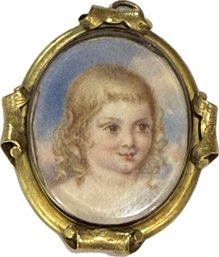 Antique Hand-Painted Porcelain Portrait Pendant Or Locket, Gilt Metal Frame