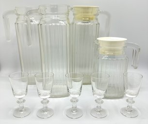 4 Vintage Fluted Glass Pitchers & 5 Cordial Glasses