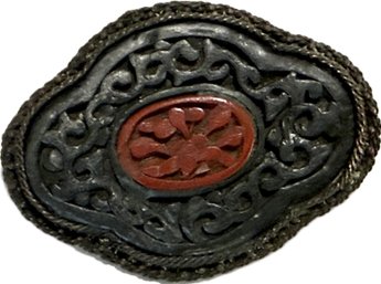 Vintage Chinese Carved Cinnabar & Black Filigree Brooch, Sterling Silver