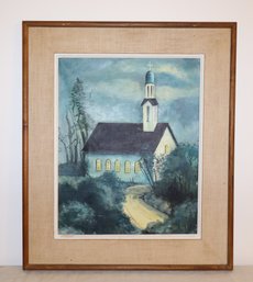 Original Church Twilight Scene Oil Painting By Midge Howell