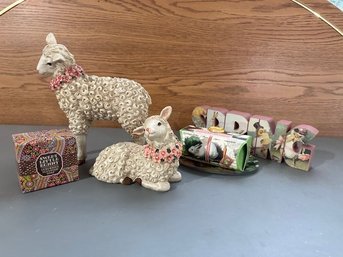 Two Wooly Lambs, 2 Luxury Soaps, Soap Dish And Spring Sign