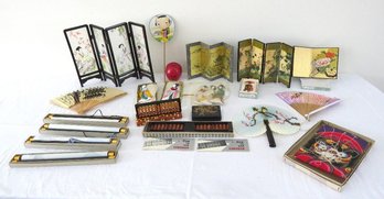 A Table Lot Of Asian / Japanese Decorative Items Including Folding Screens, Fans And More