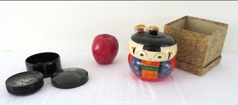 Vintage Japanese Lacquerware Kokeshi Doll Trinket Box Or Bento Box Plus Lacquerware Coasters Set