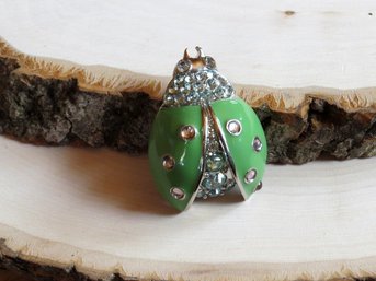 Green Enamel Lady Bug Rhinestone Brooch