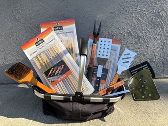 Mesh Basket With Assortment Of Tools For Grilling Including 3 New Packs Of Bamboo Skewers