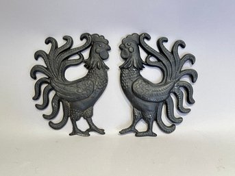 Pair Of Iron Rooster Wall Hangings