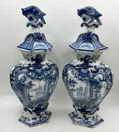 Pair Of Vintage Delft Blue & White Lidded Porcelain Vases With Bird Finials