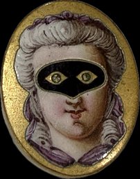Vintage Hand-Painted Porcelain Masked Lady Brooch In Gilt Mount