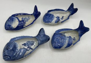 Vintage Blue & White Fish Shaped Porcelain Trinket / Sauce Dishes  ~ Lot Of 4 ~