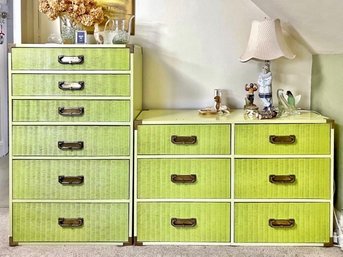 Two Dressers Solid Wood With Rattan Exterior Finish & Brass Hardware