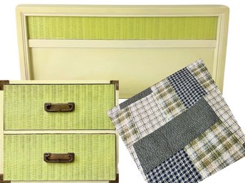 Solid Wooden Twin Bed And Nightstand With Brass Hardware & Rattan Exterior Finish