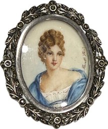 Vintage Signed Marcasite Framed Hand-Painted Portrait Brooch