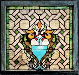 Antique Stained Glass Transom Window Of Two Birds
