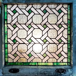 Antique Stained Transom Glass Window With Green & Clear Glass