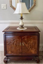 Vintage Cabinet With Asian Carving & Vintage Milk Glass & Brass Table Lamp