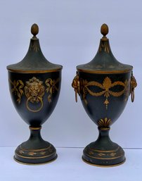Stunning Pair Antique French Tole Painted Lidded Urns Brass Mounted Lions Head Handles
