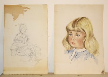 Young Girl Watercolor Painting & Graphite Sketch On Genuine Arches Paper