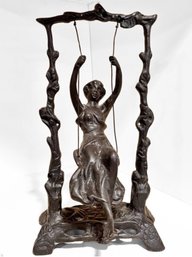 Cast Iron Sculpture Girl On Swing By Auguste Moreau, Unsigned