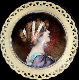 HUGE 3 1/2 Inch Hand-Painted Porcelain Portrait Brooch In Pierced Brass Frame ~ Elegant Edwardian Lady Profile