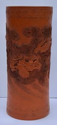Antique Chinese Terracotta Yixing Zisha Ware Dragon Cylinder Vase 12 1/4
