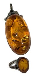 Large Vintage Sterling Silver Baltic Amber Pendant & Matching Ring 5 1/2 Set
