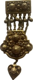 Etrusceana Antiqued Gold-Tone Etruscan Revival Dangle Brooch With Heart Pendant