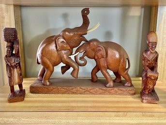 Wooden African Art Figures & Wooden Indian Elephants In Play