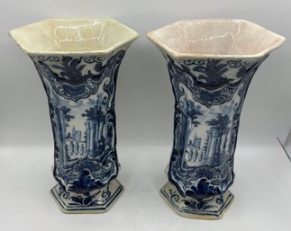 Pair Vintage Delft Blue White Ceramic Hexagonal Trumpet Vases