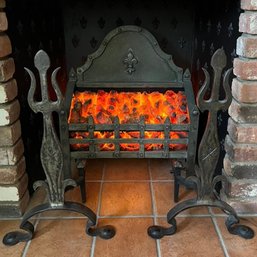 Electric Fire Place With Fleur De Lis Embossed On Back With Hand Wrought Andirons