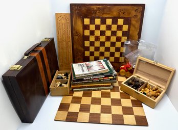2 Vintage Chess Board Sets, Backgammon Set, Cribbage Set & Gaming Books