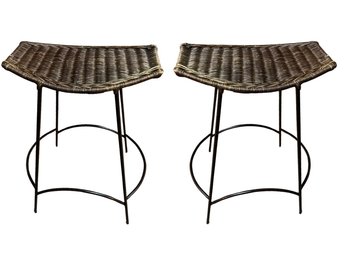 Pair Of Arthur Umanoff Style Bar Chairs Made Of Wicker