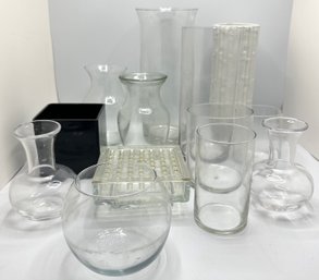Vintage Square Lucite Flower Frog & 12 Large Vases, Mostly Glass