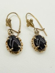 10K Yellow Gold Black Onyx Oval Dangle Earrings