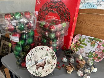 Holiday Lighted Wreath, Boxes Of Holiday Ornaments , 2 Plates, Snowmen