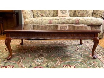 Vintage Queen Anne Style Coffee Table Set Revival With Detailed Wood Carving On Apron