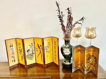 2 Decorative Asian Folding Panels, Pair Of Votive Candle Holders & Vintage Black Cloisonne Vase