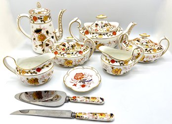 Vintage Crown Derby China Tea Set: Teapot, Coffee Pot, 2 Sugar Bowl, 2 Creamer & More With Gold Accents
