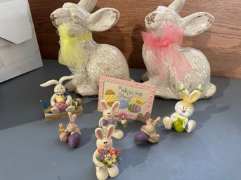 2 Large Crackle Ceramic Bunnies And Small Decorative Bunnies