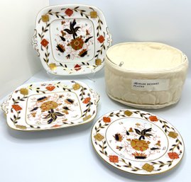 Vintage Crown Derby China Tea Set: 2 Platters & 14 Dessert Plates With Gold Accents