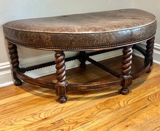Stickley Half Round Bench With Barley Twist Legs In Distressed Brown Leather